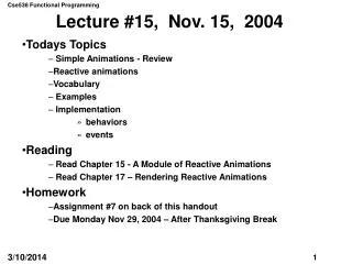 Lecture #15, Nov. 15, 2004