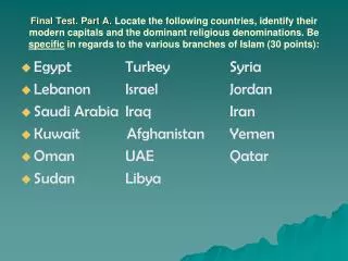 Egypt		Turkey		Syria	 Lebanon	Israel		 Jordan Saudi Arabia	Iraq			Iran	 Kuwait Afghanistan	Yemen Oman