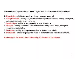 Taxonomy of Cognitive Educational Objectives. The taxonomy is hierarchical: 1. Knowledge – ability to recall previousl