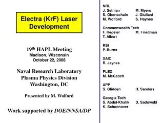 19 th HAPL Meeting Madison, Wisconsin October 22, 2008 Naval Research Laboratory Plasma Physics Division Washington, DC