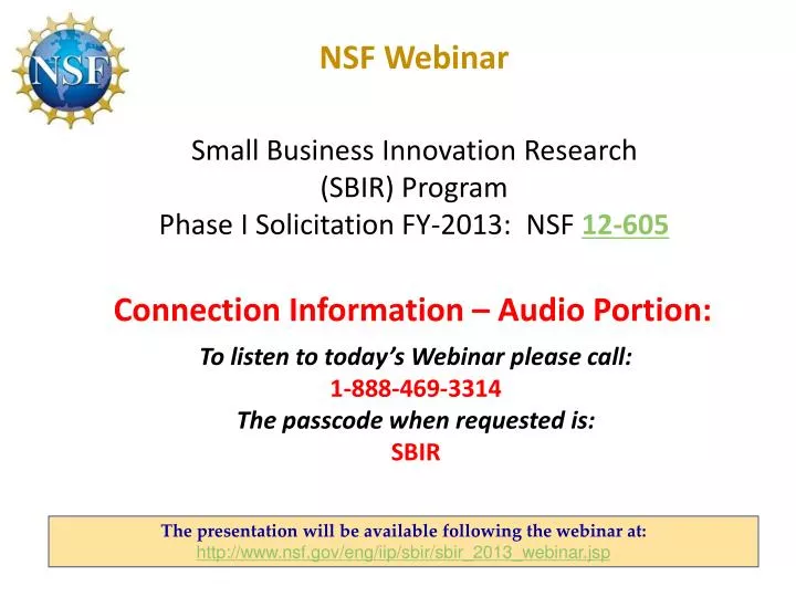 nsf webinar small business innovation research sbir program phase i solicitation fy 2013 nsf 12 605