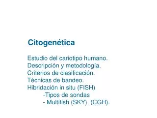 Citogenética Estudio del cariotipo humano. Descripción y metodología. Criterios de clasificación. Técnicas de bande