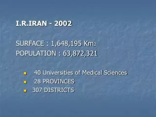 I.R.IRAN - 2002 SURFACE : 1,648,195 Km 2 POPULATION : 63,872,321 40 Universities of Medical Sciences 28 PROVINCE