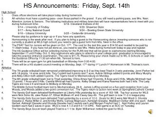 HS Announcements: Friday, Sept. 14th