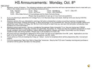 HS Announcements: Monday, Oct. 8 th