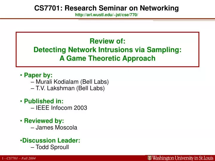 review of detecting network intrusions via sampling a game theoretic approach