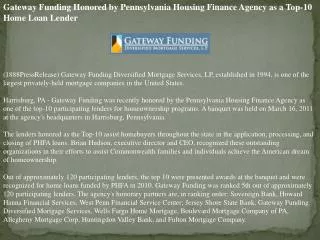 Gateway Funding Honored by Pennsylvania Housing Finance Agen