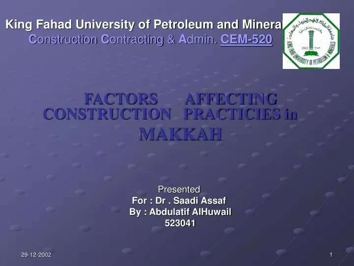 king fahad university of petroleum and minerals c onstruction c ontracting a dmin cem 520