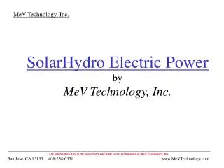 SolarHydro Electric Power by MeV Technology, Inc.