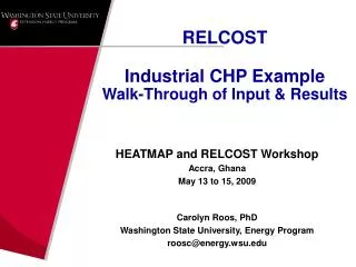 RELCOST Industrial CHP Example Walk-Through of Input &amp; Results