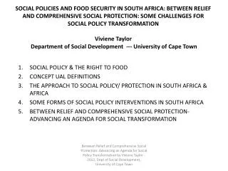 SOCIAL POLICY &amp; THE RIGHT TO FOOD CONCEPT UAL DEFINITIONS THE APPROACH TO SOCIAL POLICY/ PROTECTION IN SOUTH AFRIC
