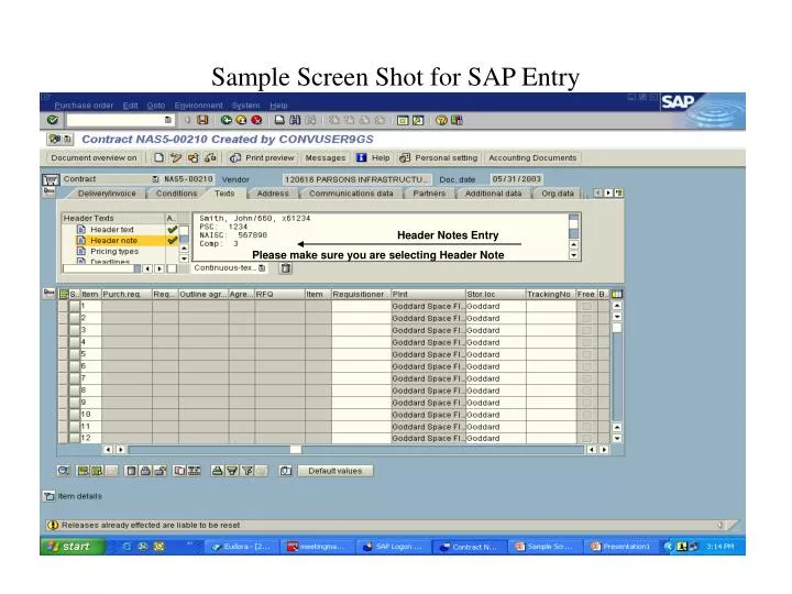 sample screen shot for sap entry