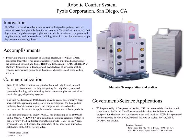robotic courier system pyxis corporation san diego ca