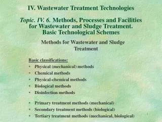 IV . Wastewater Treatment Technologies Topic. IV. 6. Methods, Processes and Facilities for Wastewater and Sludge Treat