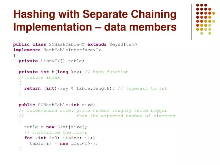 hashing with separate chaining implementation data members