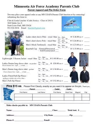 Minnesota Air Force Academy Parents Club Parent Apparel and Pin Order Form