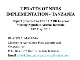 UPDATES OF NRDS IMPLEMENTATION - TANZANIA