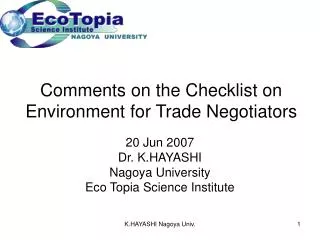 Comments on the Checklist on Environment for Trade Negotiators