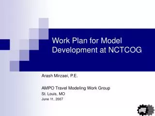 Work Plan for Model Development at NCTCOG