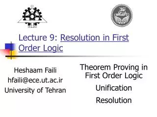 Lecture 9: Resolution in First Order Logic