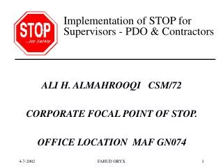 Implementation of STOP for Supervisors - PDO &amp; Contractors