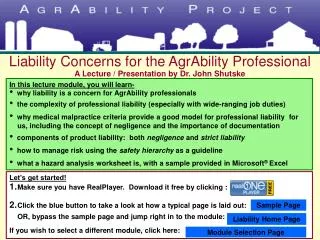 Liability Concerns for the AgrAbility Professional A Lecture / Presentation by Dr. John Shutske