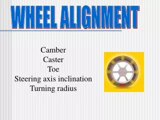 Camber Caster Toe Steering axis inclination Turning radius