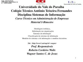 Universidade do Vale do Paraíba Colégio Técnico Antônio Teixeira Fernandes Disciplina Sistemas de Informação