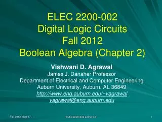 ELEC 2200-002 Digital Logic Circuits Fall 2012 Boolean Algebra (Chapter 2)