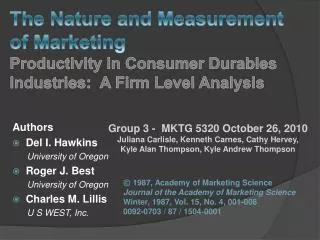 The Nature and Measurement of Marketing Productivity in Consumer Durables Industries: A Firm Level Analysis