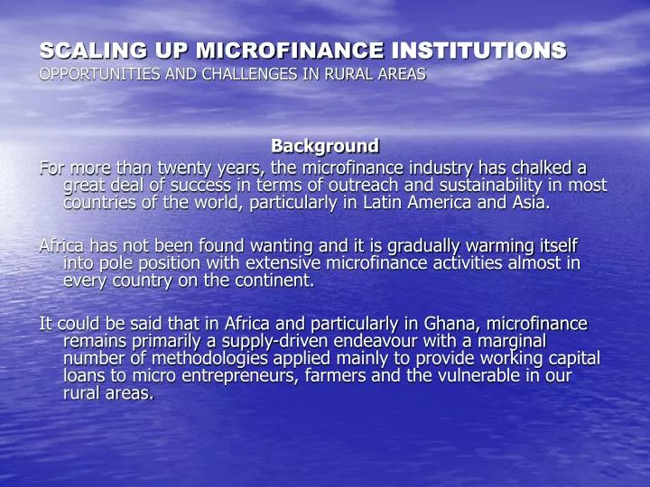 scaling up microfinance institutions opportunities and challenges in rural areas