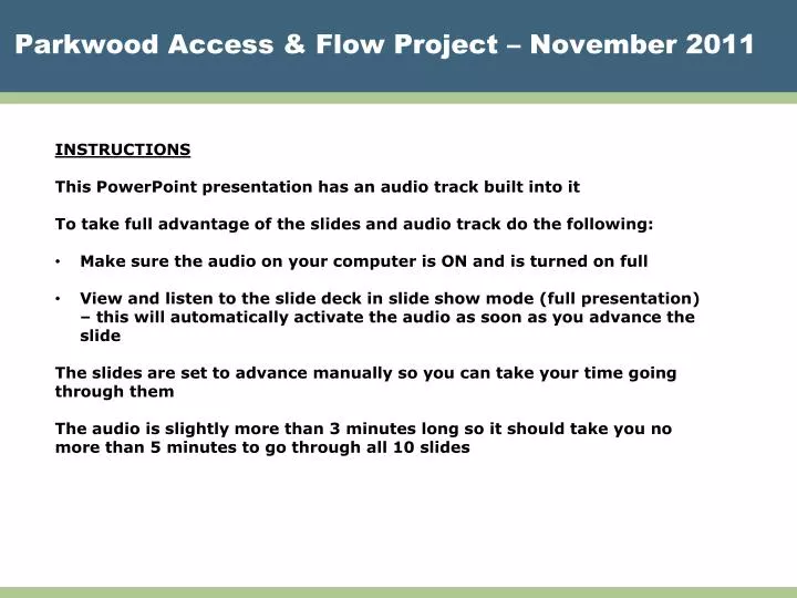 parkwood access flow project november 2011