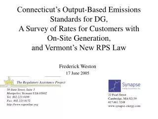 Connecticut’s Output-Based Emissions Standards for DG, A Survey of Rates for Customers with On-Site Generation, and Verm