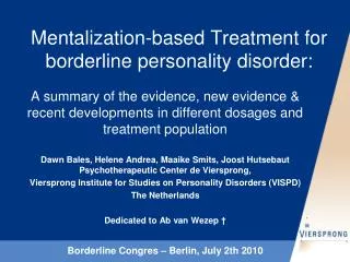 Mentalization-based Treatment for borderline personality disorder: