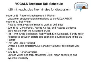 VOCALS Breakout Talk Schedule (20 min each, plus five minutes for discussion)