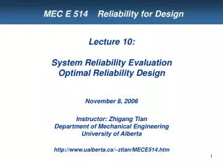 MEC E 514 Reliability for Design