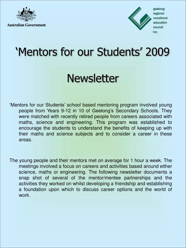 mentors for our students 2009 newsletter