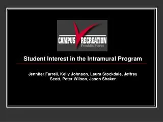 Student Interest in the Intramural Program Jennifer Farrell, Kelly Johnson, Laura Stockdale, Jeffrey Scott, Peter Wilson