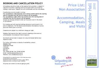 Price List: Non Association Accommodation, Camping, Meals and Visits