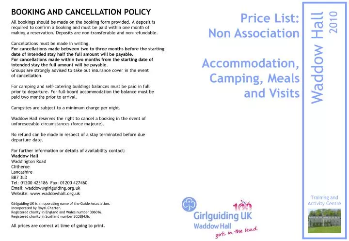 price list non association accommodation camping meals and visits