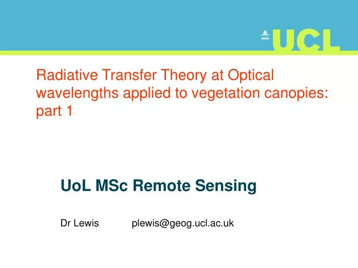 radiative transfer theory at optical wavelengths applied to vegetation canopies part 1