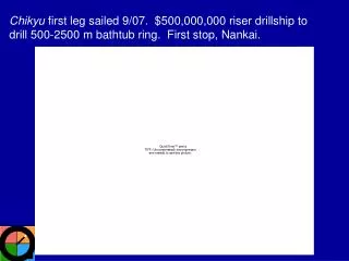 Chikyu first leg sailed 9/07. $500,000,000 riser drillship to drill 500-2500 m bathtub ring. First stop, Nankai.