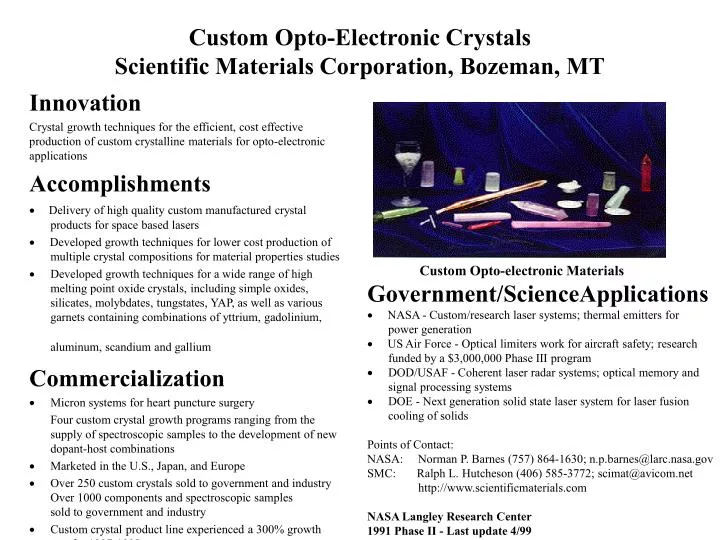 custom opto electronic crystals scientific materials corporation bozeman mt