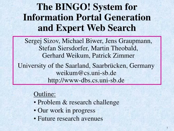 the bingo system for information portal generation and expert web search