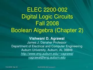 ELEC 2200-002 Digital Logic Circuits Fall 2008 Boolean Algebra (Chapter 2)