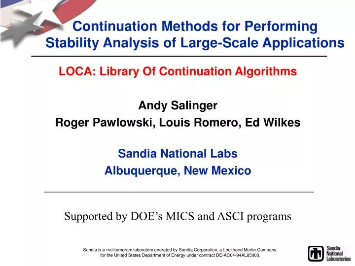 continuation methods for performing stability analysis of large scale applications
