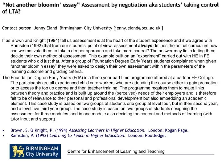 not another bloomin essay assessment by negotiation aka students taking control of lta