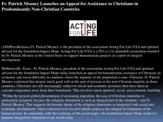 Fr. Patrick Meaney Launches an Appeal for Assistance to Chri