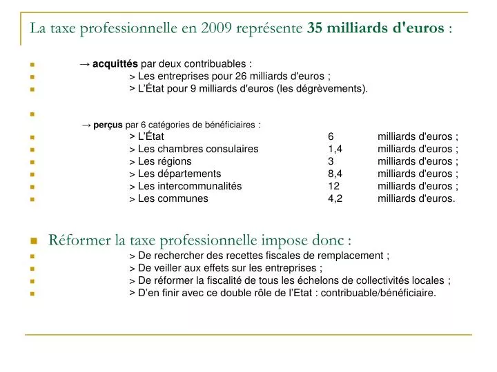la taxe professionnelle en 2009 repr sente 35 milliards d euros
