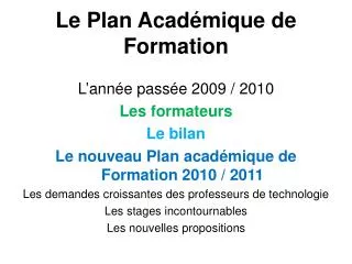 le plan acad mique de formation